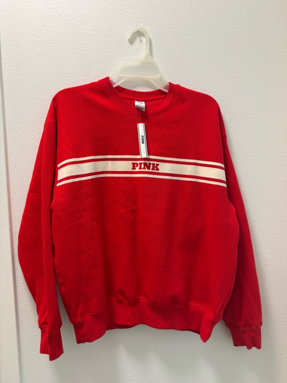 PINK Victoria's Secret Red Crewneck Sweatshirt with Cream Stripe